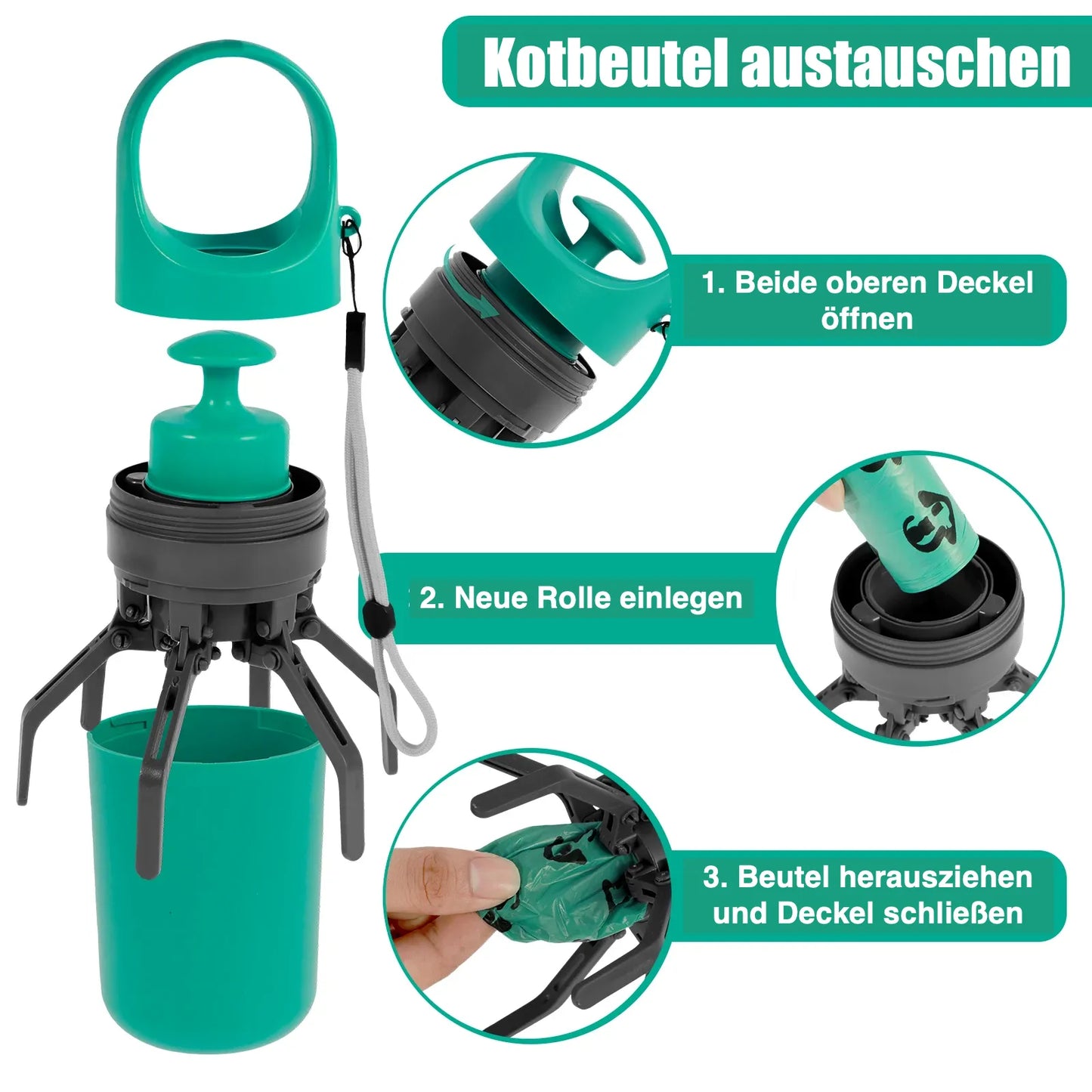 Tragbarer Hundekotgreifer – Ideal für draußen, integrierter Beutelspender, einfach und hygienisch.